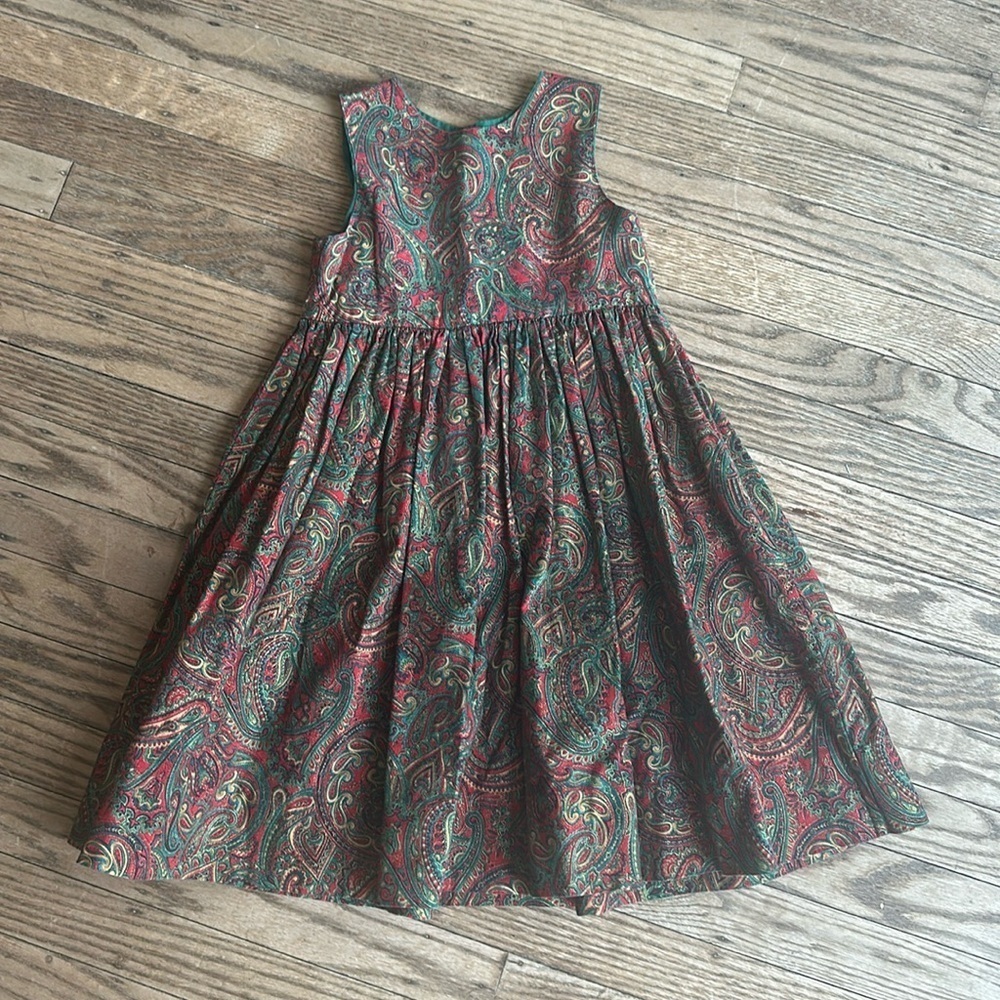 Mary Lou Hull Cotton Girls Green Red Dress Paisley Size 4T EUC